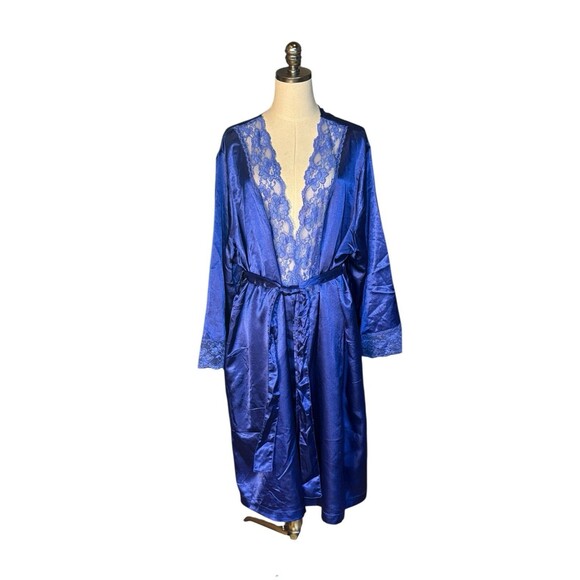 Amoureuse Plus Size Satin Long Peignoir Set Nightgown Robe Royal Blue 26/28 2X - Picture 2 of 7